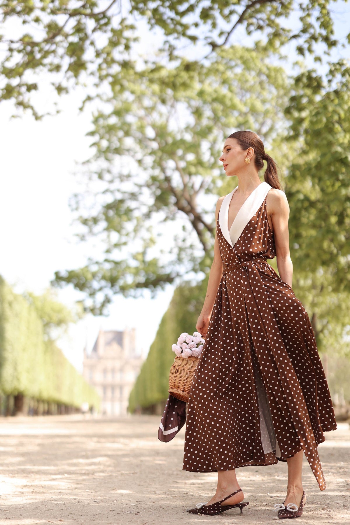 Women's Brown Polka Dot Wrap Dress – Tuxedo Style, Zipperless