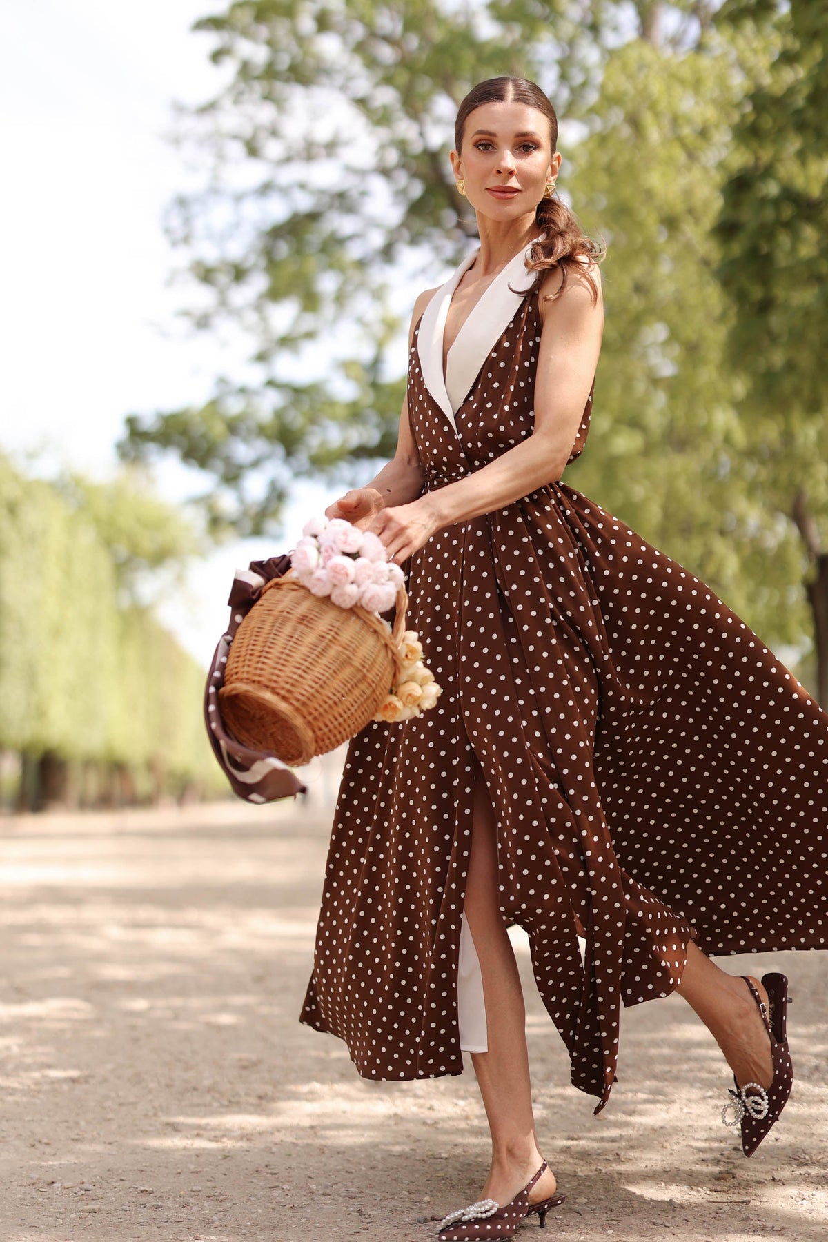 Women's Brown Polka Dot Wrap Dress – Tuxedo Style, Zipperless