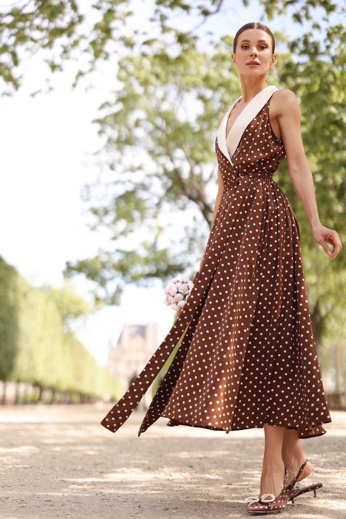 Women's Brown Polka Dot Wrap Dress – Tuxedo Style, Zipperless