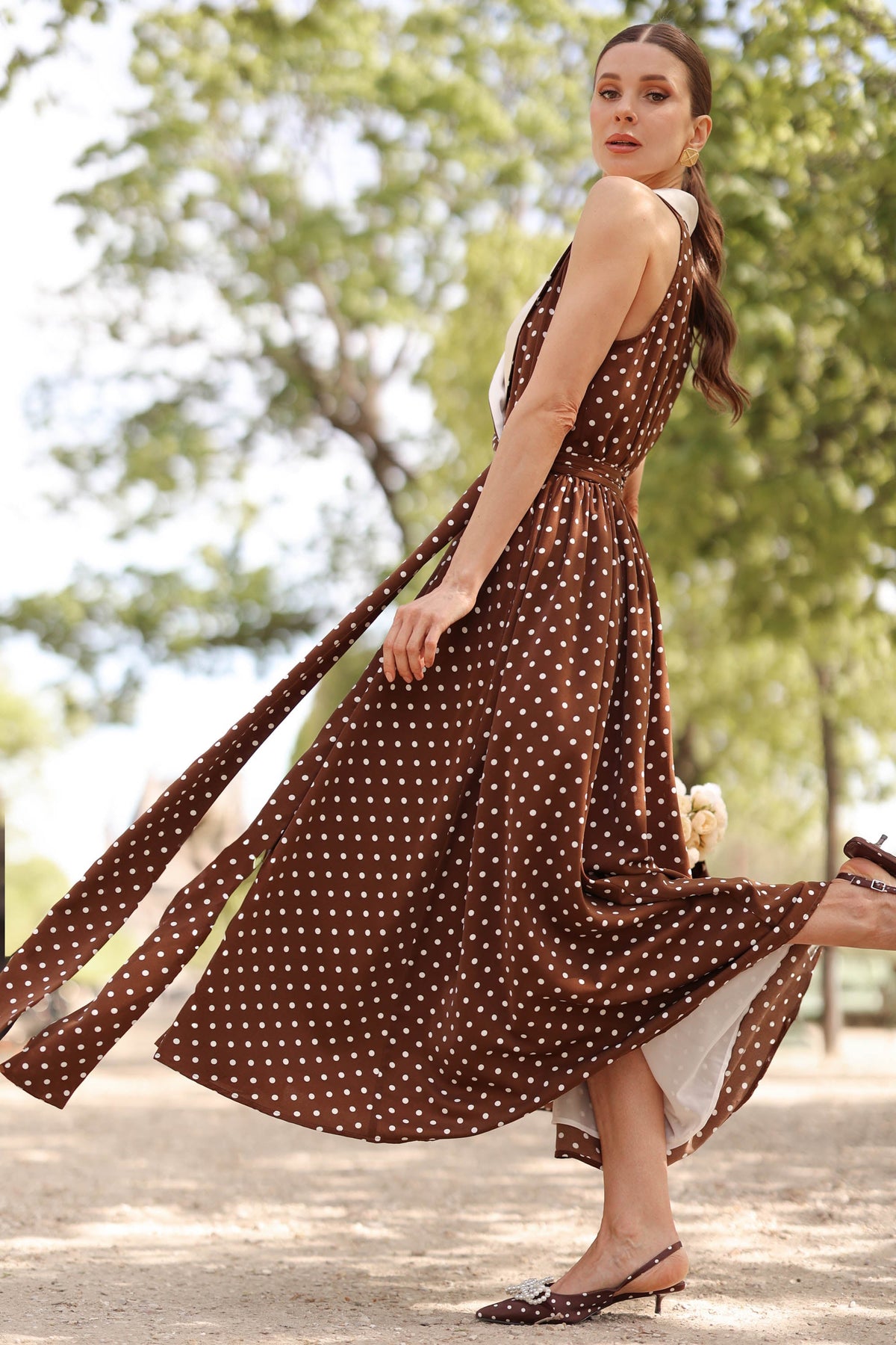 Women's Brown Polka Dot Wrap Dress – Tuxedo Style, Zipperless