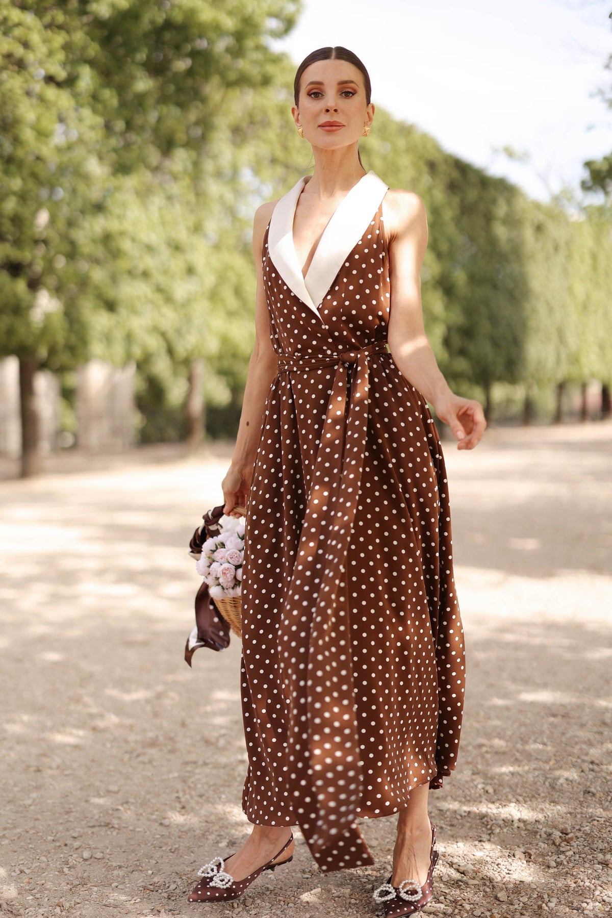 Women's Brown Polka Dot Wrap Dress – Tuxedo Style, Zipperless