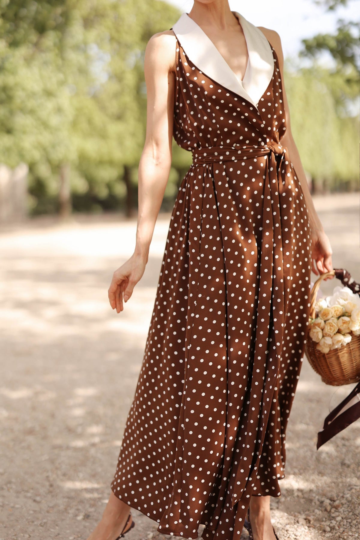 Women's Brown Polka Dot Wrap Dress – Tuxedo Style, Zipperless