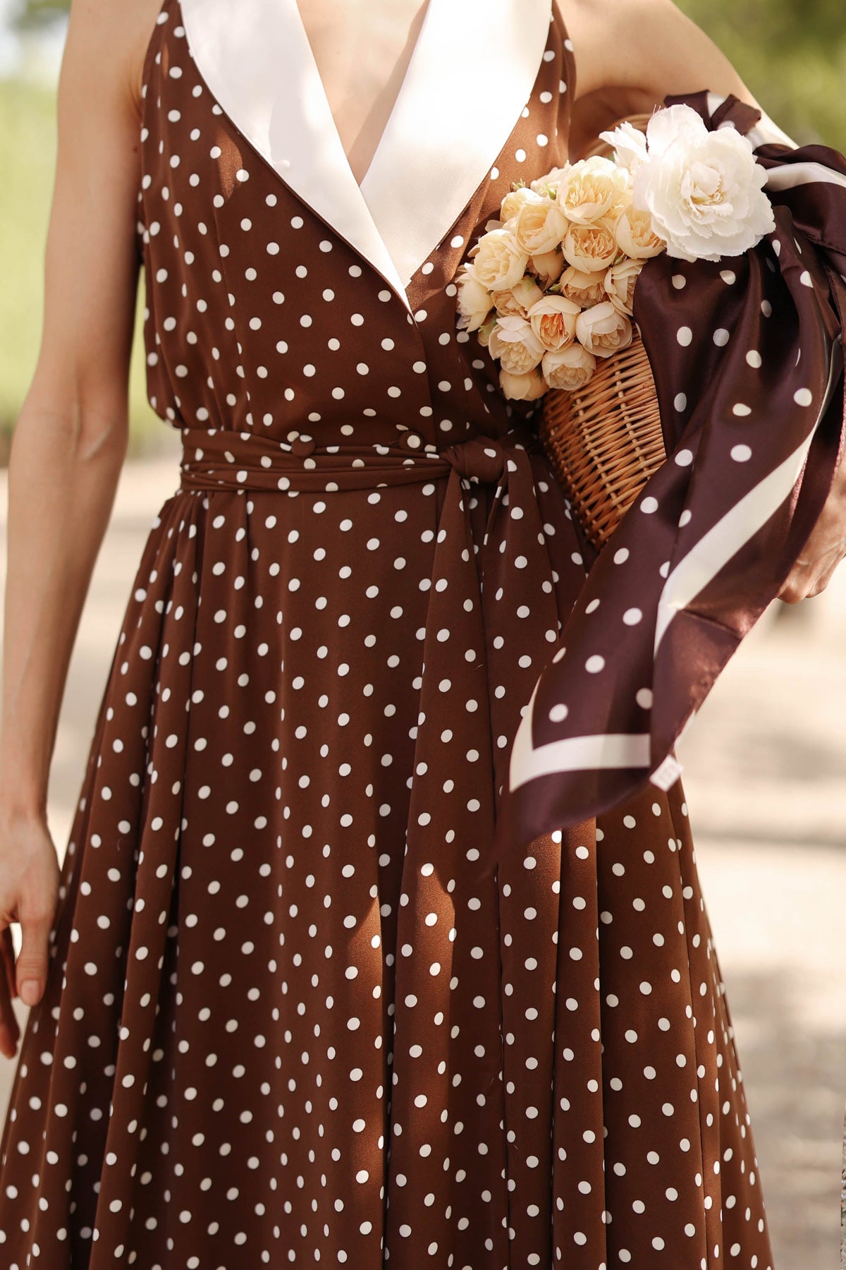 Women's Brown Polka Dot Wrap Dress – Tuxedo Style, Zipperless