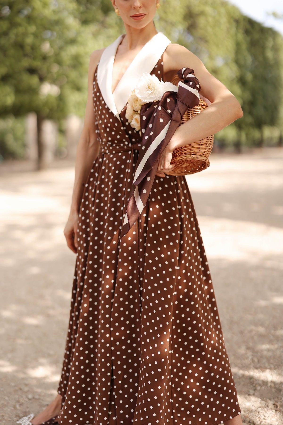 Women's Brown Polka Dot Wrap Dress – Tuxedo Style, Zipperless