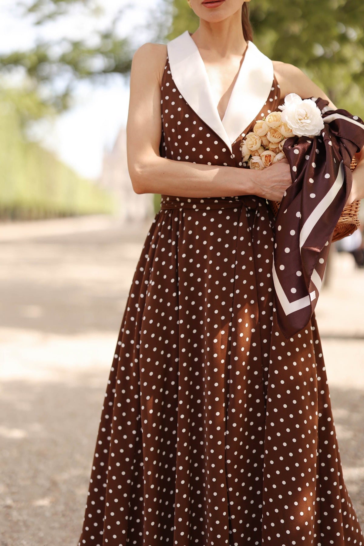 Women's Brown Polka Dot Wrap Dress – Tuxedo Style, Zipperless
