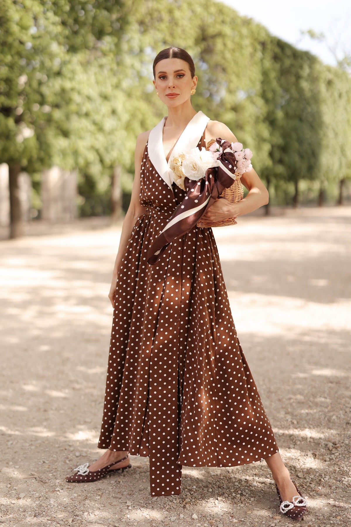 Women's Brown Polka Dot Wrap Dress – Tuxedo Style, Zipperless