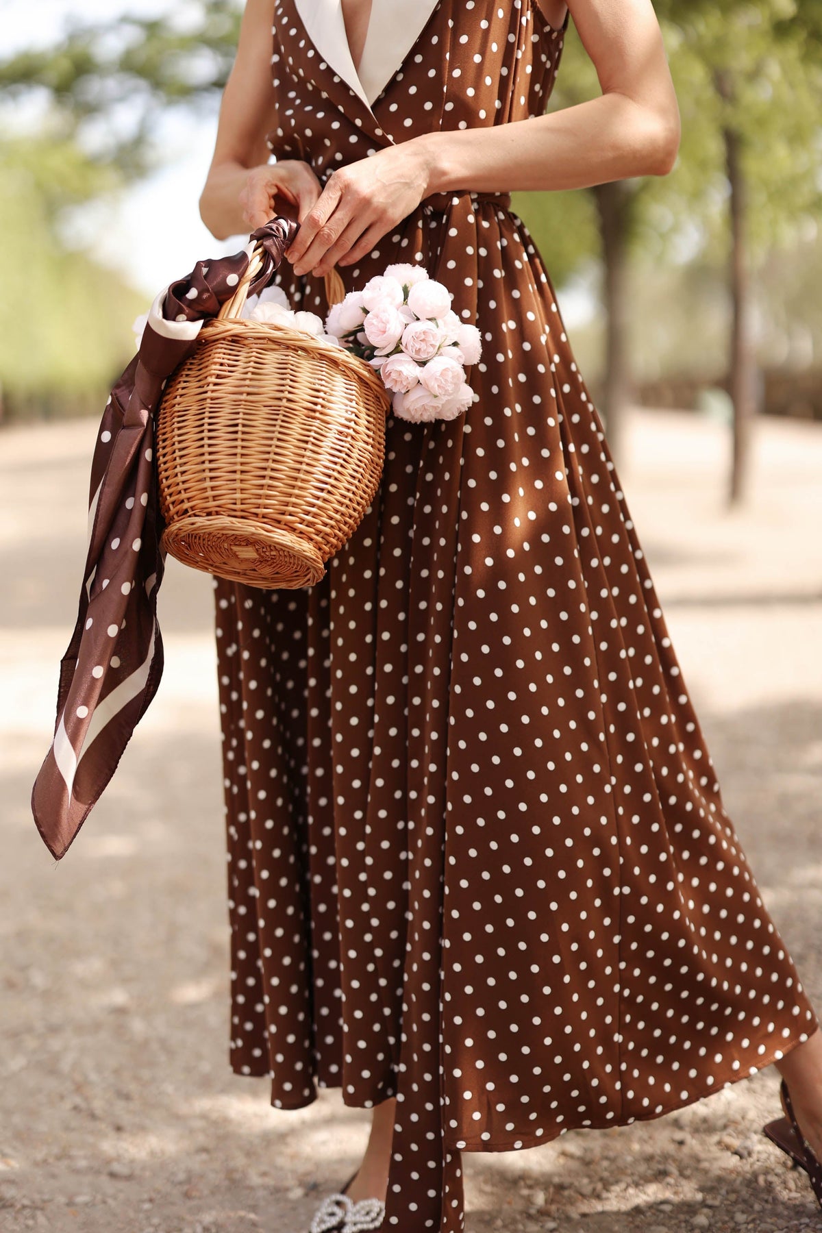 Women's Brown Polka Dot Wrap Dress – Tuxedo Style, Zipperless