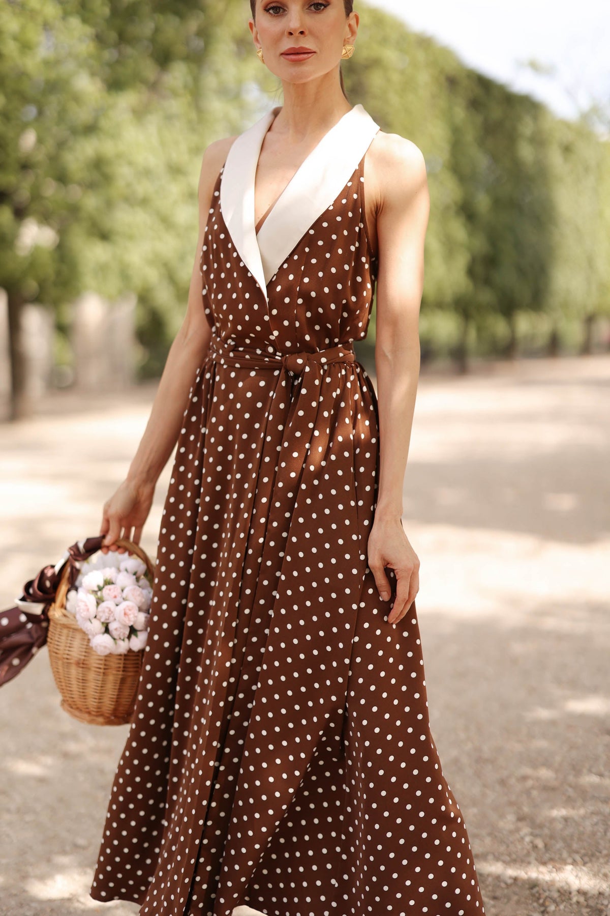 Women's Brown Polka Dot Wrap Dress – Tuxedo Style, Zipperless