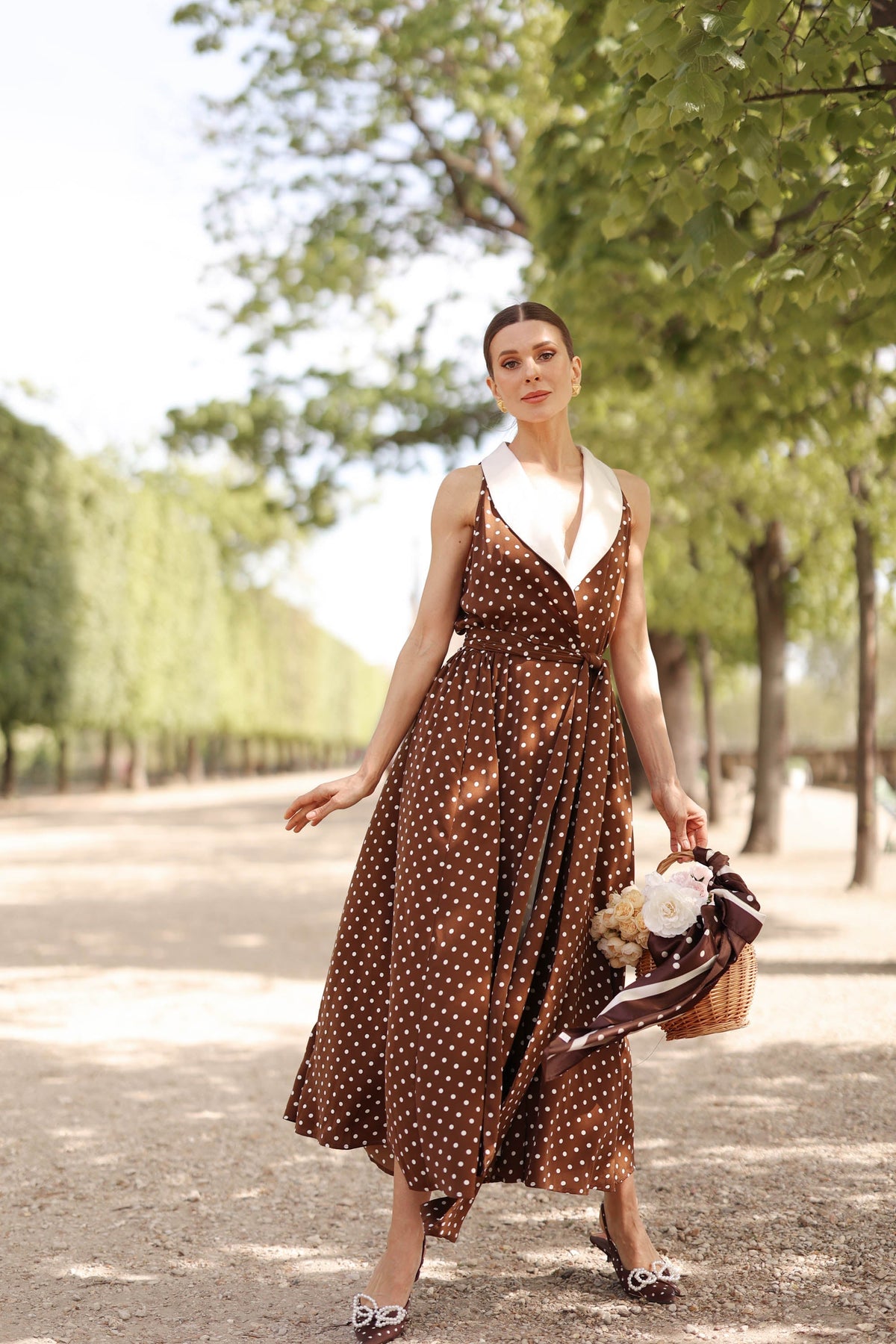 Women's Brown Polka Dot Wrap Dress – Tuxedo Style, Zipperless