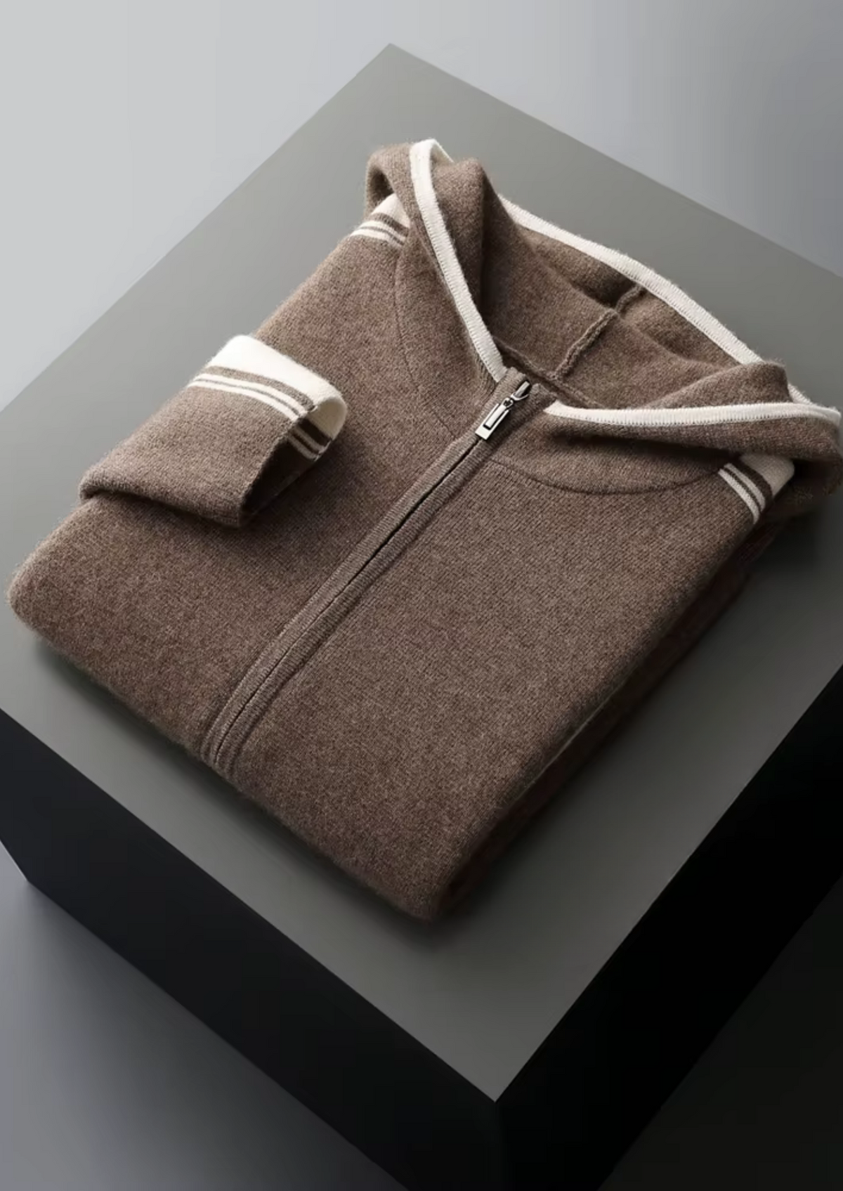 Men's Dark Mocha Knit Hooded Zip Lounge Set – Zip Jacket & Trousers, Contrast Stripe