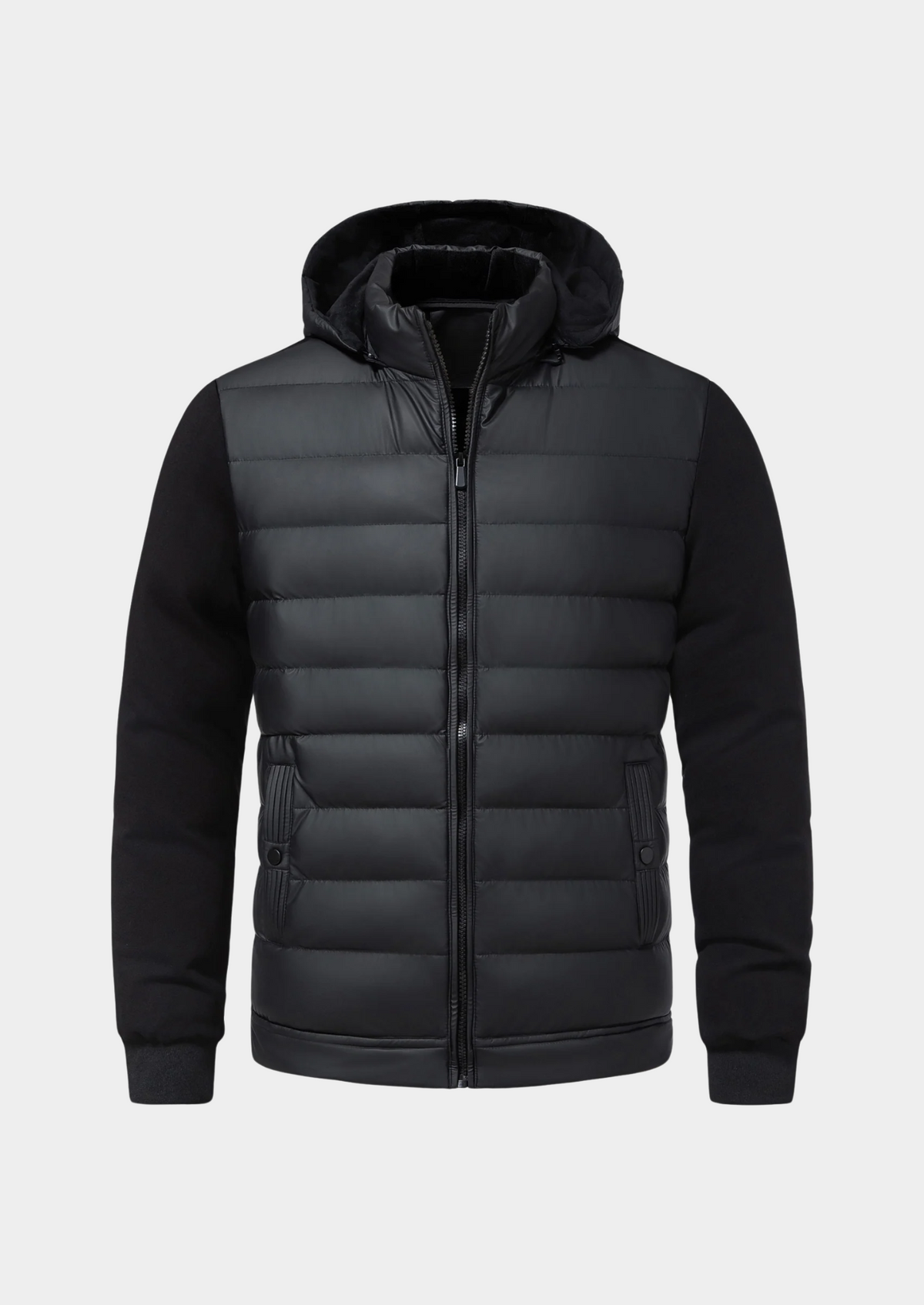 Men's Hybrid Puffer Jacket – Padded Front, Knit Sleeves, Detachable Hood, 2 Colours