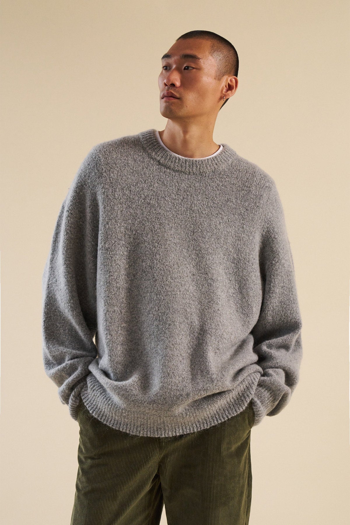 Men's Grey Oversized Crew Neck Jumper – Brushed Knit Sweater