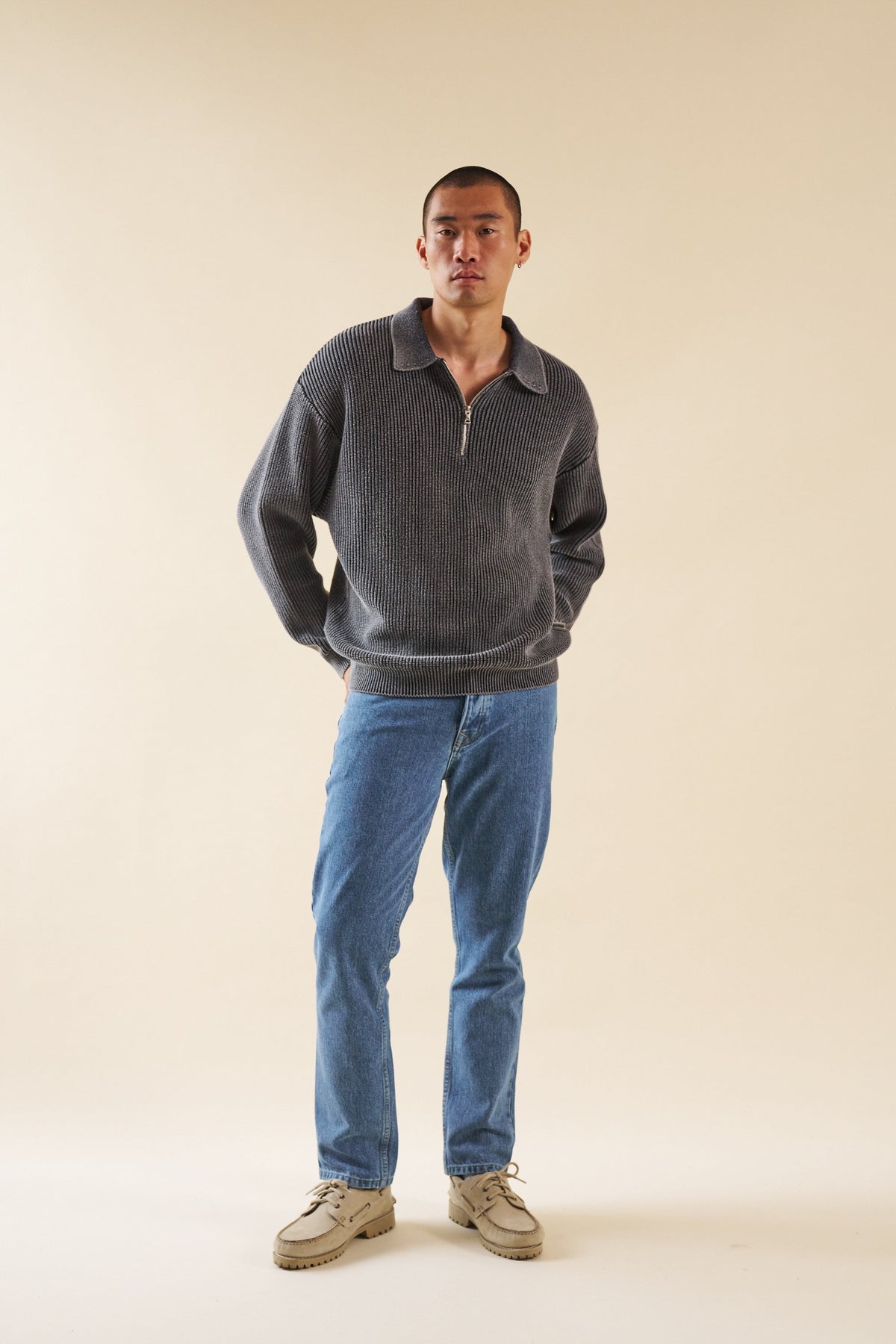 Men's Charcoal Acid Wash Half-Zip Knit Jumper – Collared Pullover