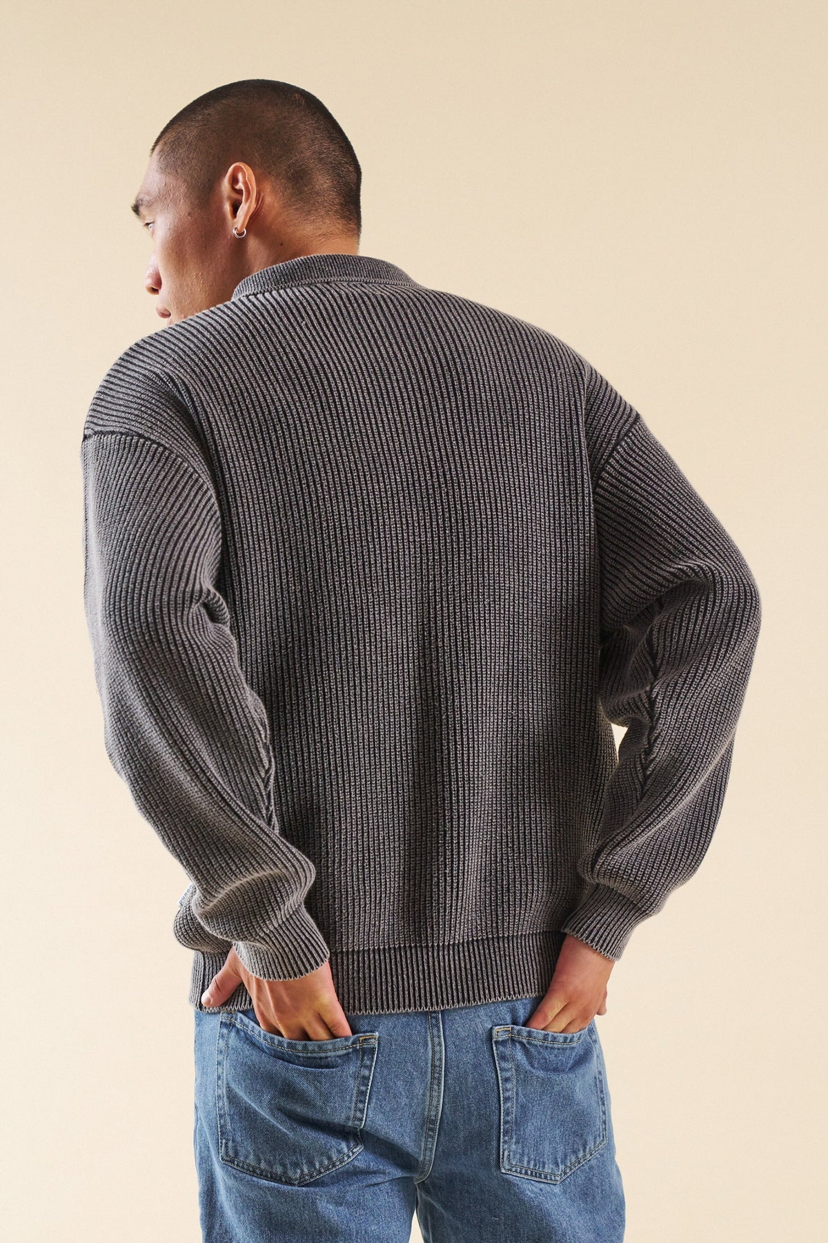 Men's Charcoal Acid Wash Half-Zip Knit Jumper – Collared Pullover