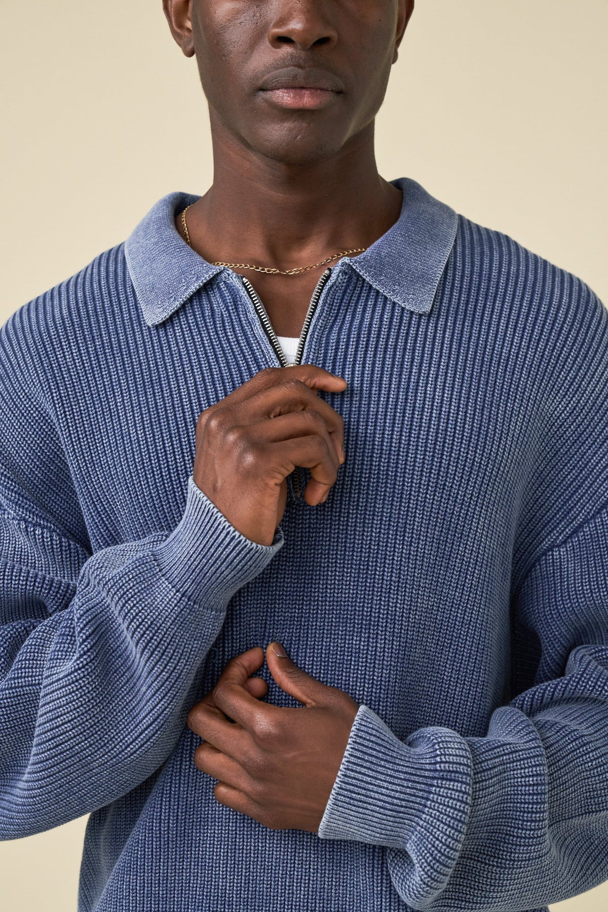 Men's Navy Acid Wash Half-Zip Knit Jumper – Collared Pullover