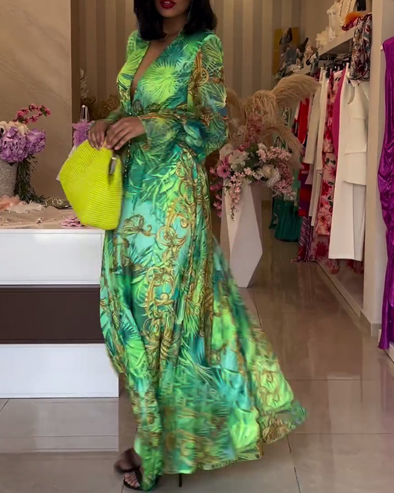 Women's Long Boho Maxi Dress – Empire Waist V-Neck Lantern Sleeve