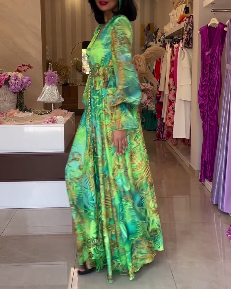 Women's Long Boho Maxi Dress – Empire Waist V-Neck Lantern Sleeve
