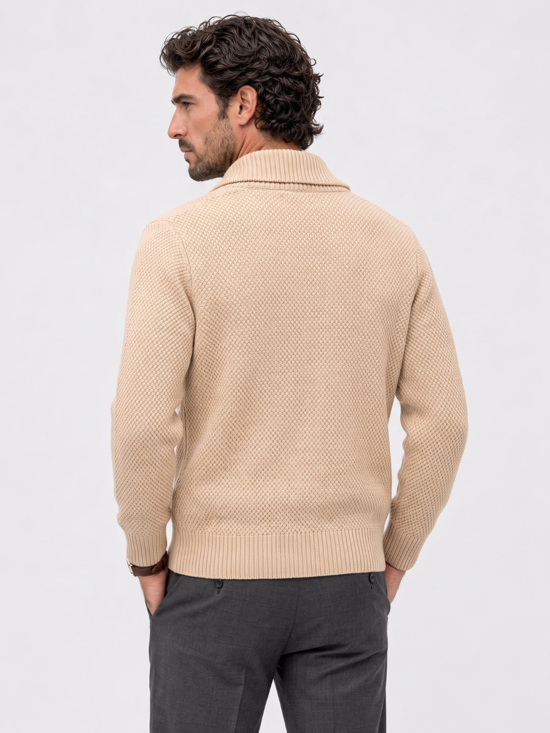 Men's Knit Cardigan – Button-Up Fine Knit, Beige & Black