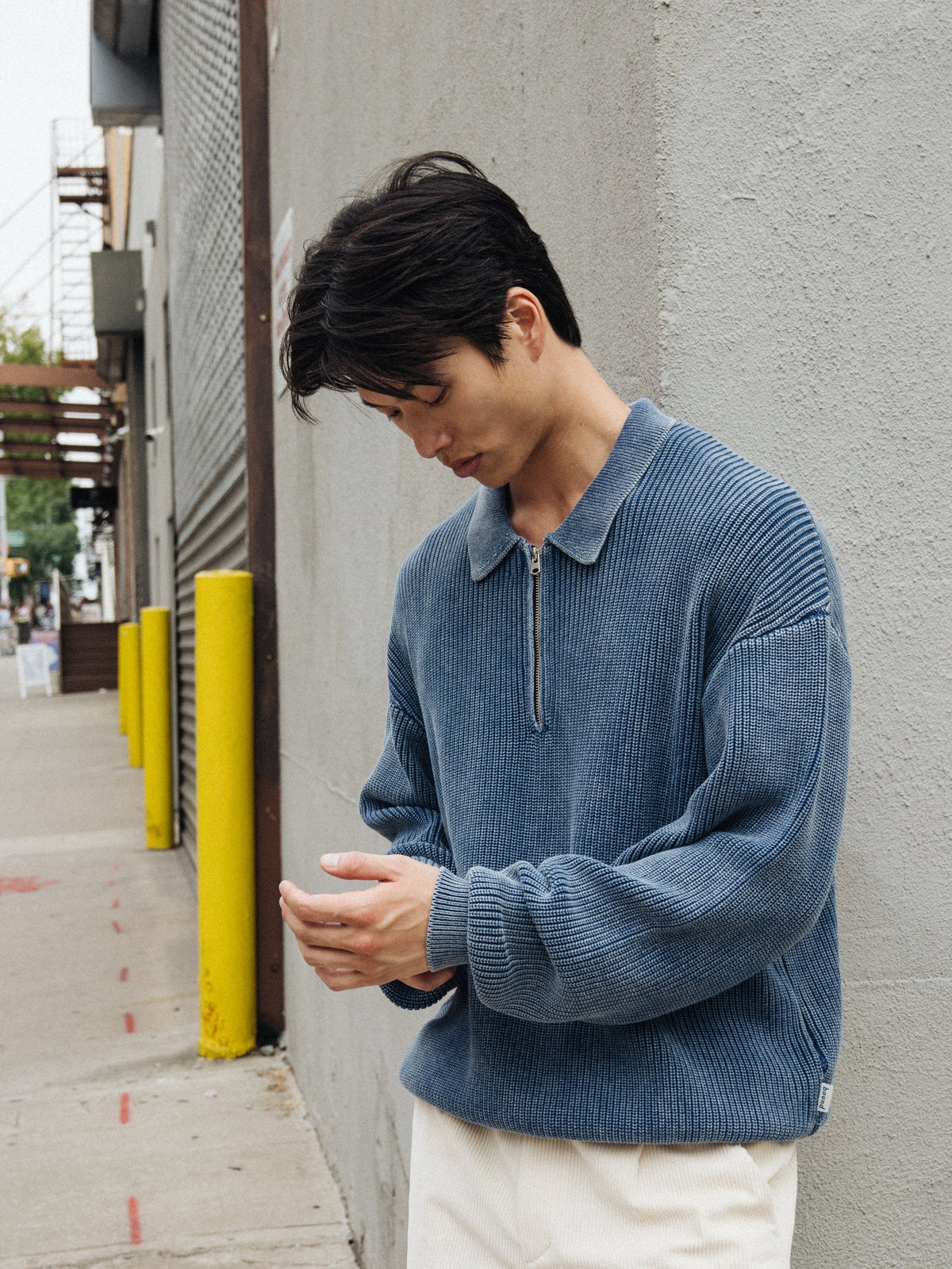 Men's Navy Acid Wash Half-Zip Knit Jumper – Collared Pullover