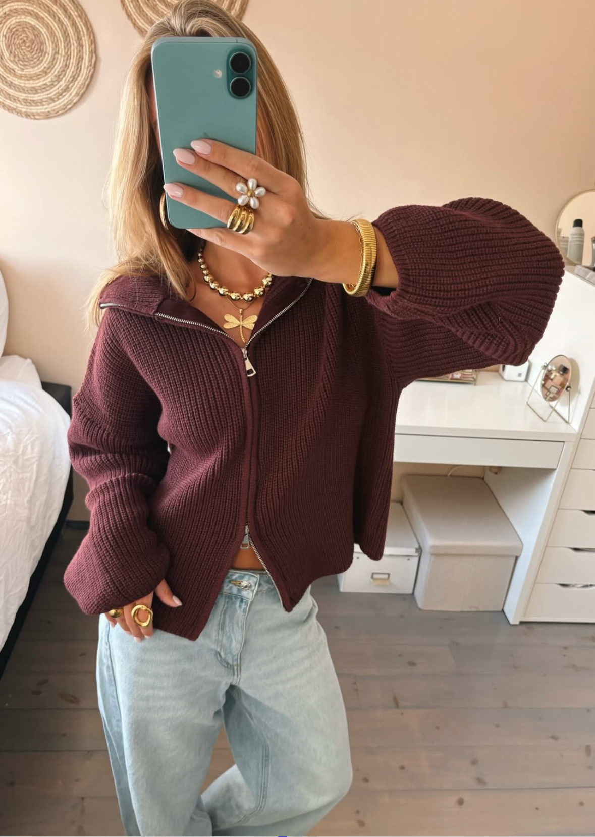 Women's Chunky Knit Cardigan – Oversized Burgundy Zip-Up Cardigan