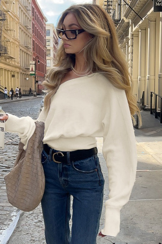 Women's Off-Shoulder Ribbed Jumper – White Bardot Knit Sweater