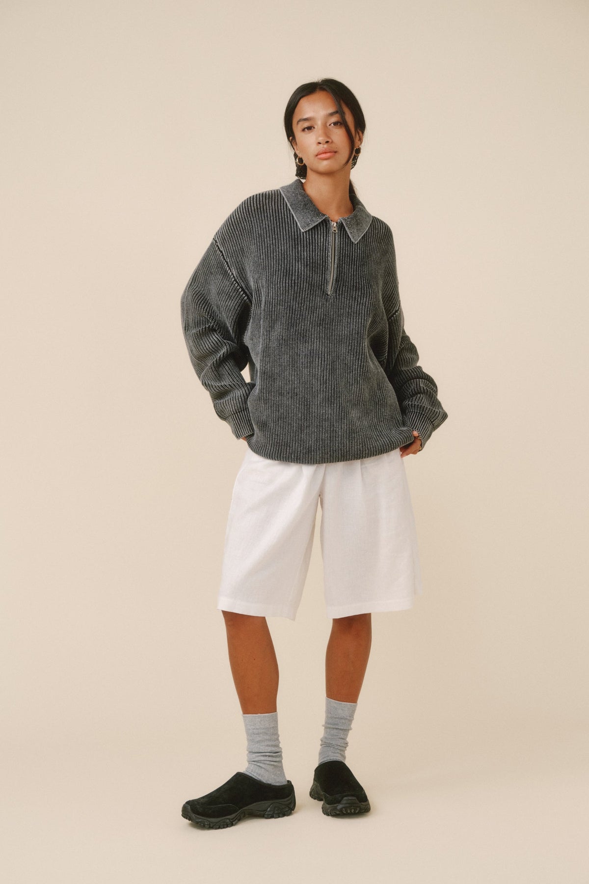 Men's Charcoal Acid Wash Half-Zip Knit Jumper – Collared Pullover