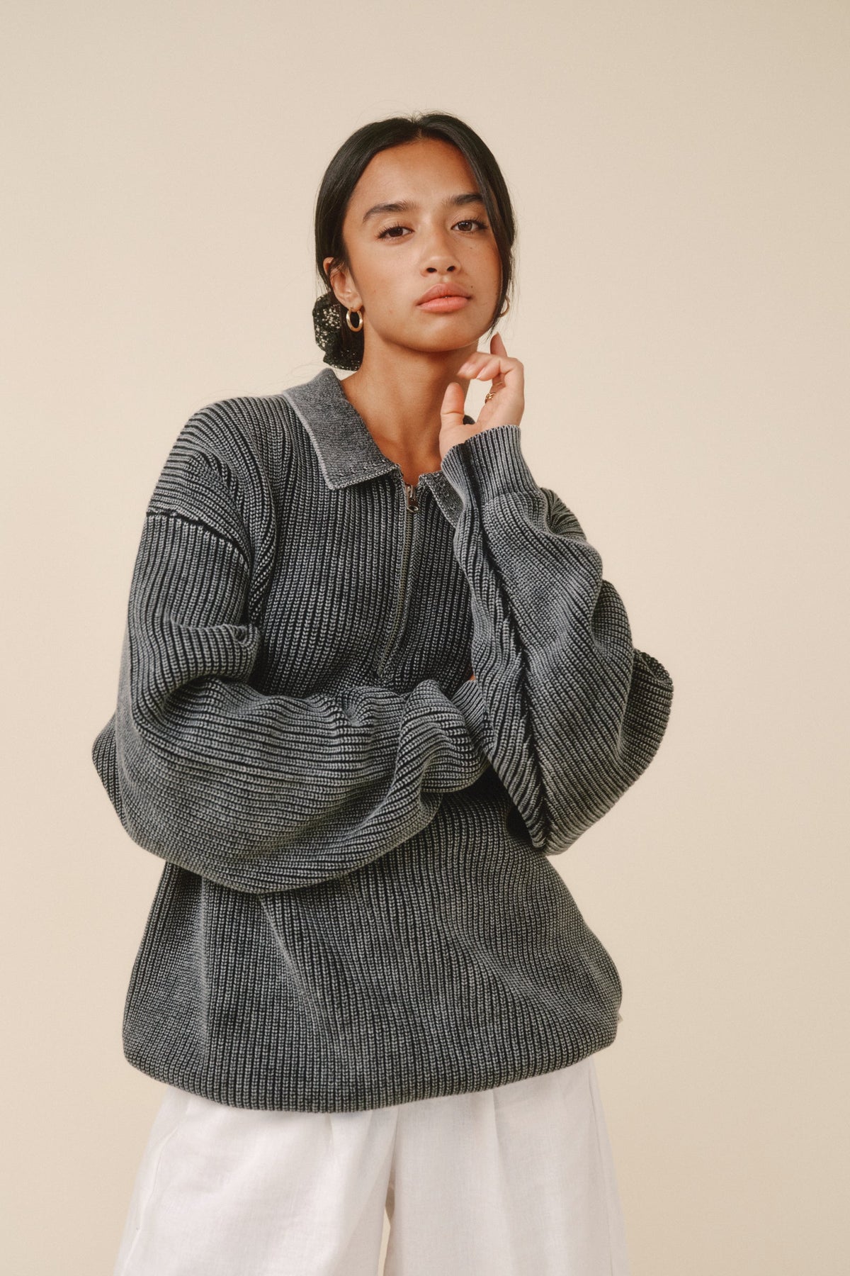 Men's Charcoal Acid Wash Half-Zip Knit Jumper – Collared Pullover