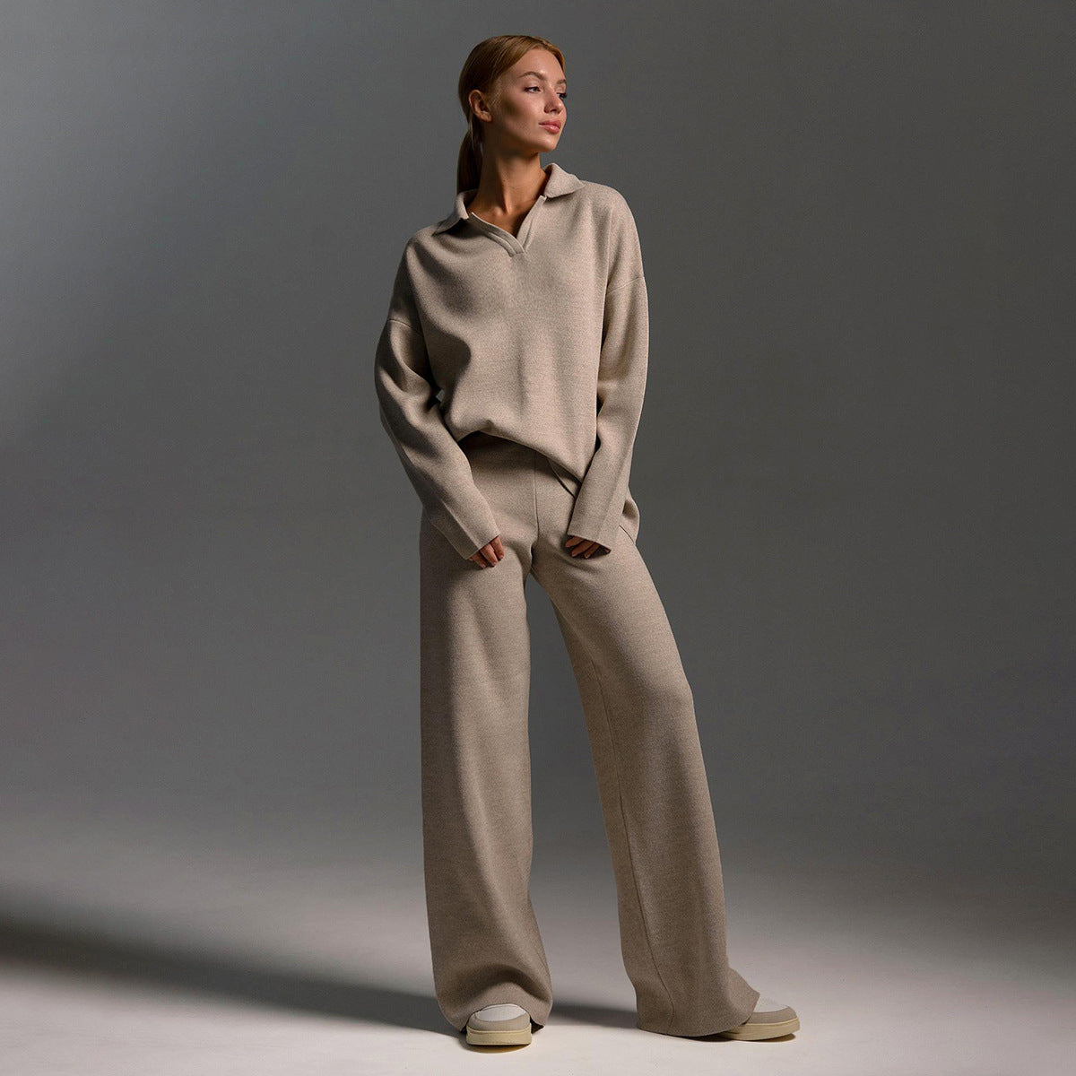 Women's Loungewear Set – Wide Leg Trousers & Polo Jumper, 5 Colours