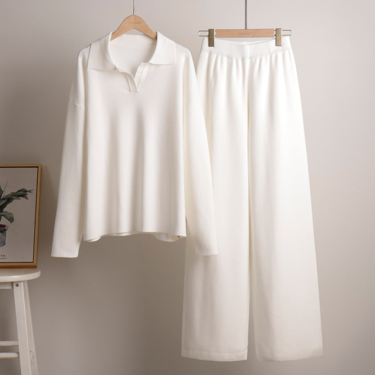 Women's Loungewear Set – Wide Leg Trousers & Polo Jumper, 5 Colours