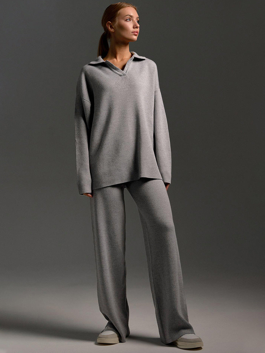 Women's Loungewear Set – Wide Leg Trousers & Polo Jumper, 5 Colours