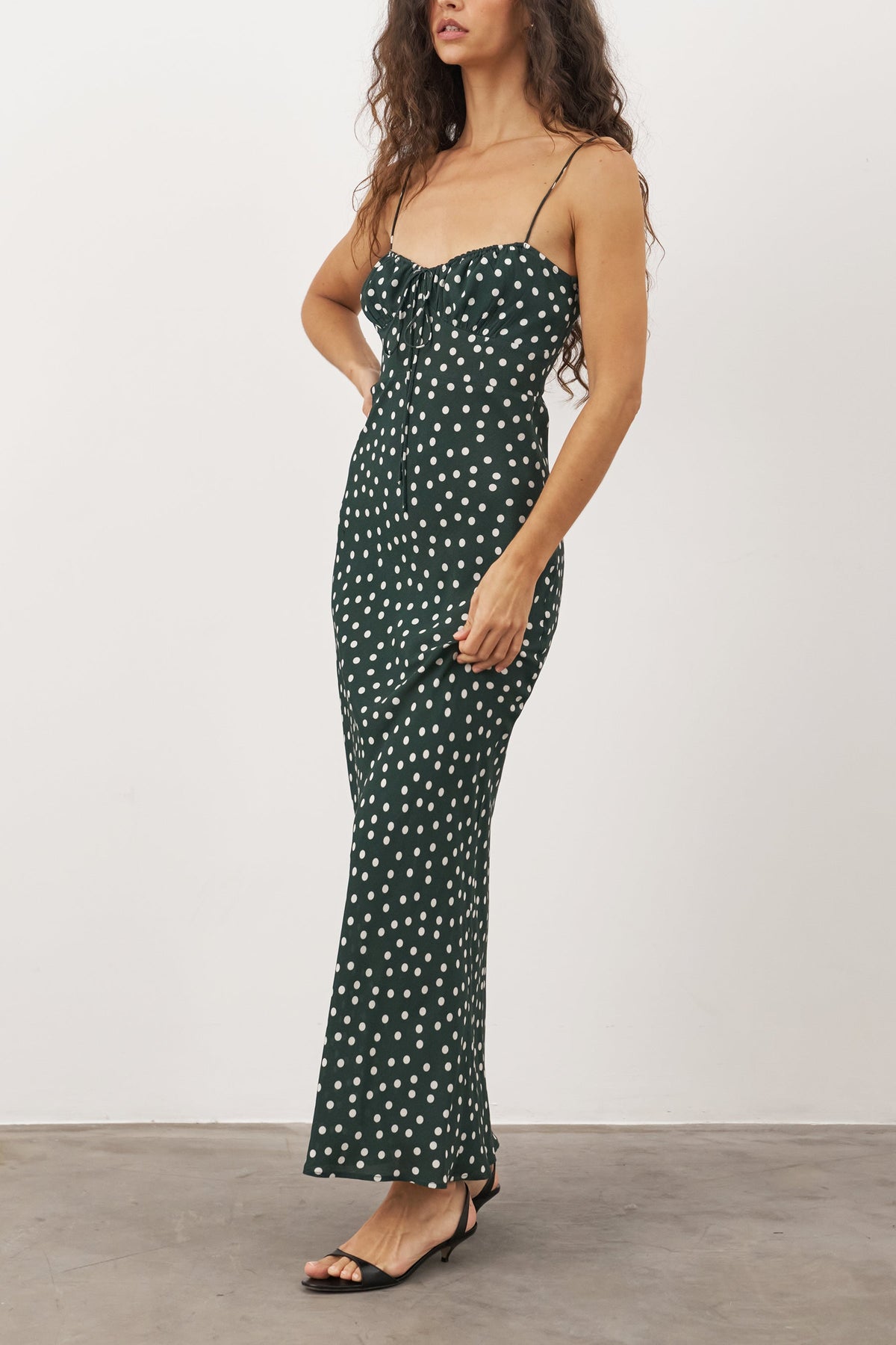Women's Polka Dot Slip Dress – Bias-Cut Midi, Forest Green