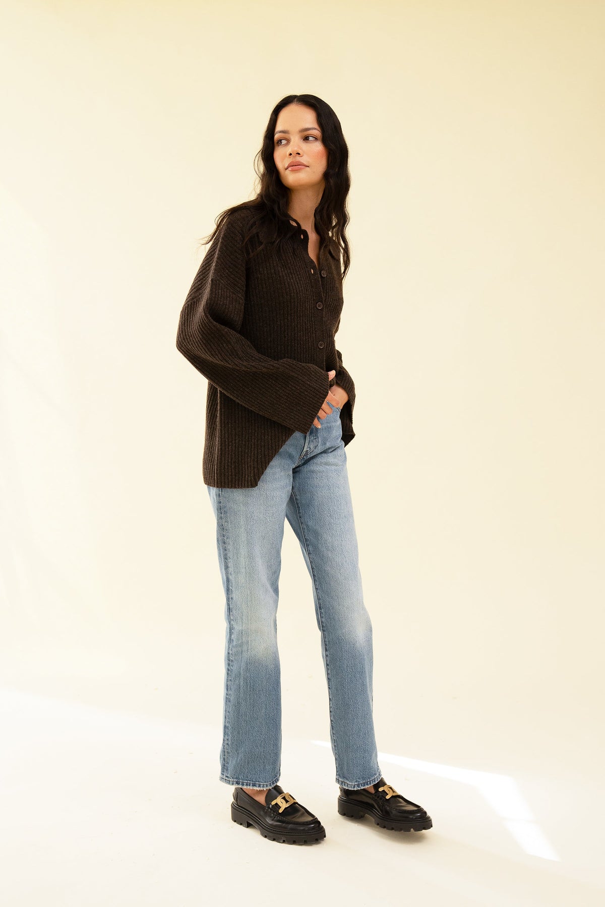 Women's Wool-Blend Cardigan – Oversized Collared Coffee Knit