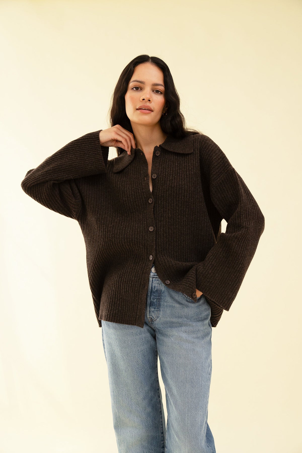 Women's Wool-Blend Cardigan – Oversized Collared Coffee Knit