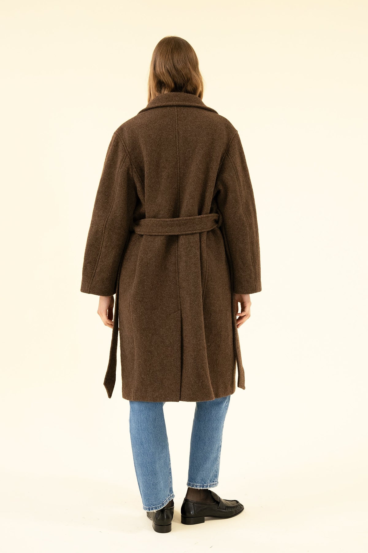 Women's Brown Bouclé Wool-Blend Coat – Belted Winter Coat