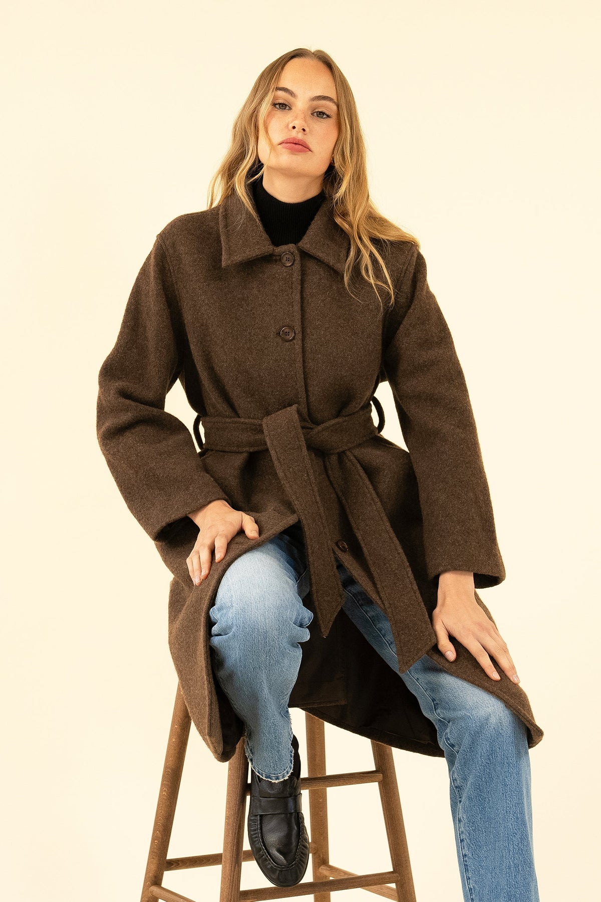 Women's Brown Bouclé Wool-Blend Coat – Belted Winter Coat