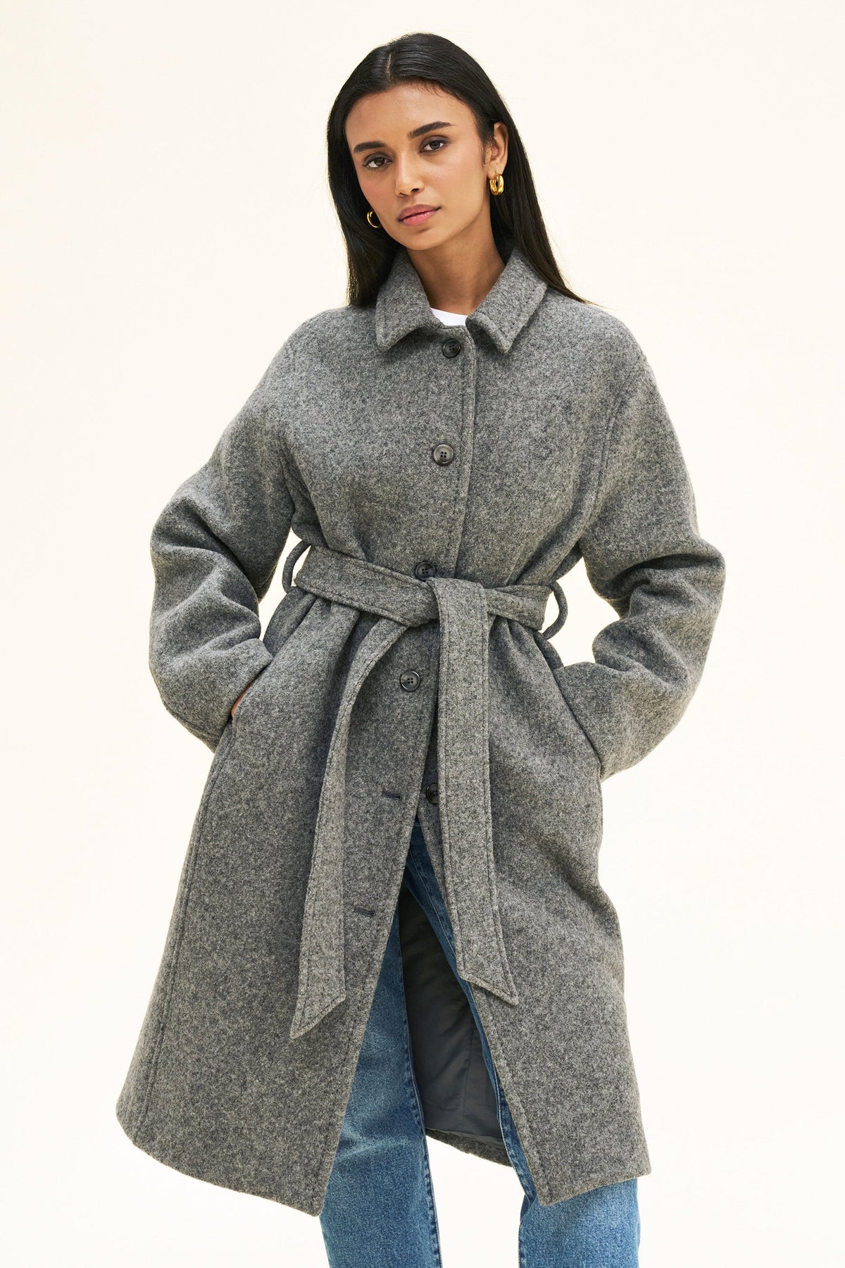 Women's Grey Bouclé Wool-Blend Coat – Belted Winter Coat