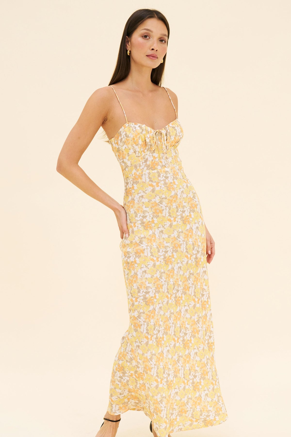 Women's Floral Slip Dress – Bias-Cut Midi, Butter Yellow Print