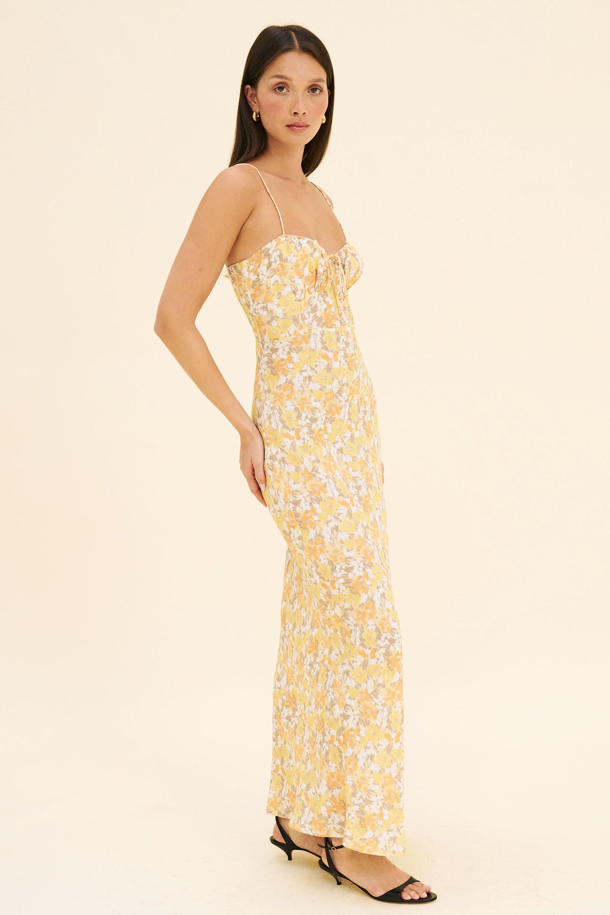 Women's Floral Slip Dress – Bias-Cut Midi, Butter Yellow Print