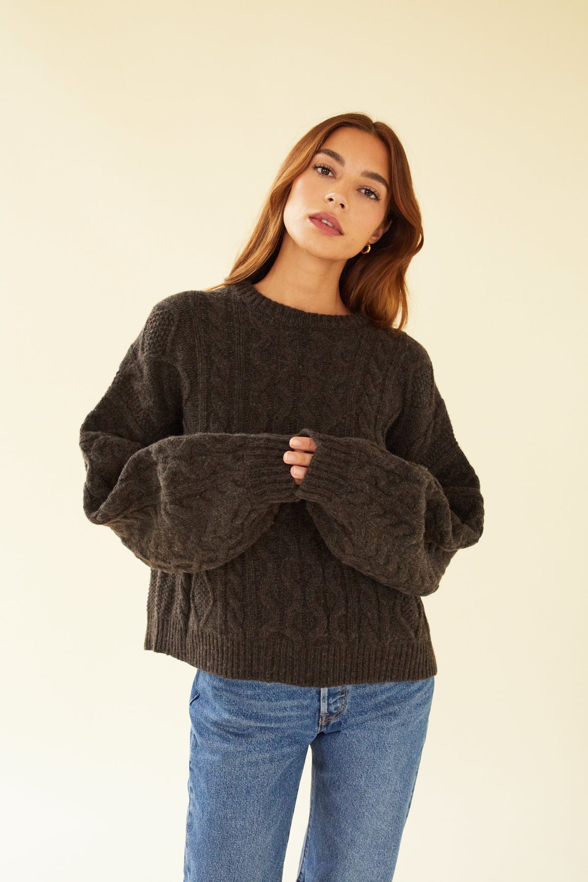Women's Merino Wool-Blend Cable Knit Jumper – Chocolate