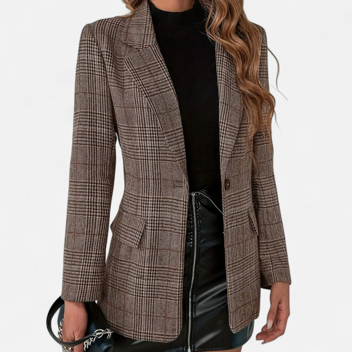 Women's Brown Checked Blazer – Structured Button-Up Tailored Jacket