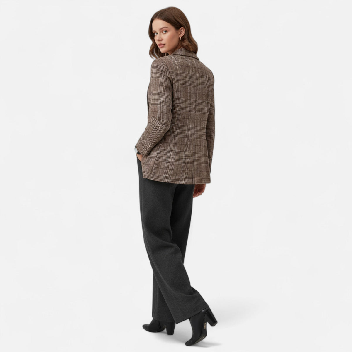 Women's Brown Checked Blazer – Structured Button-Up Tailored Jacket
