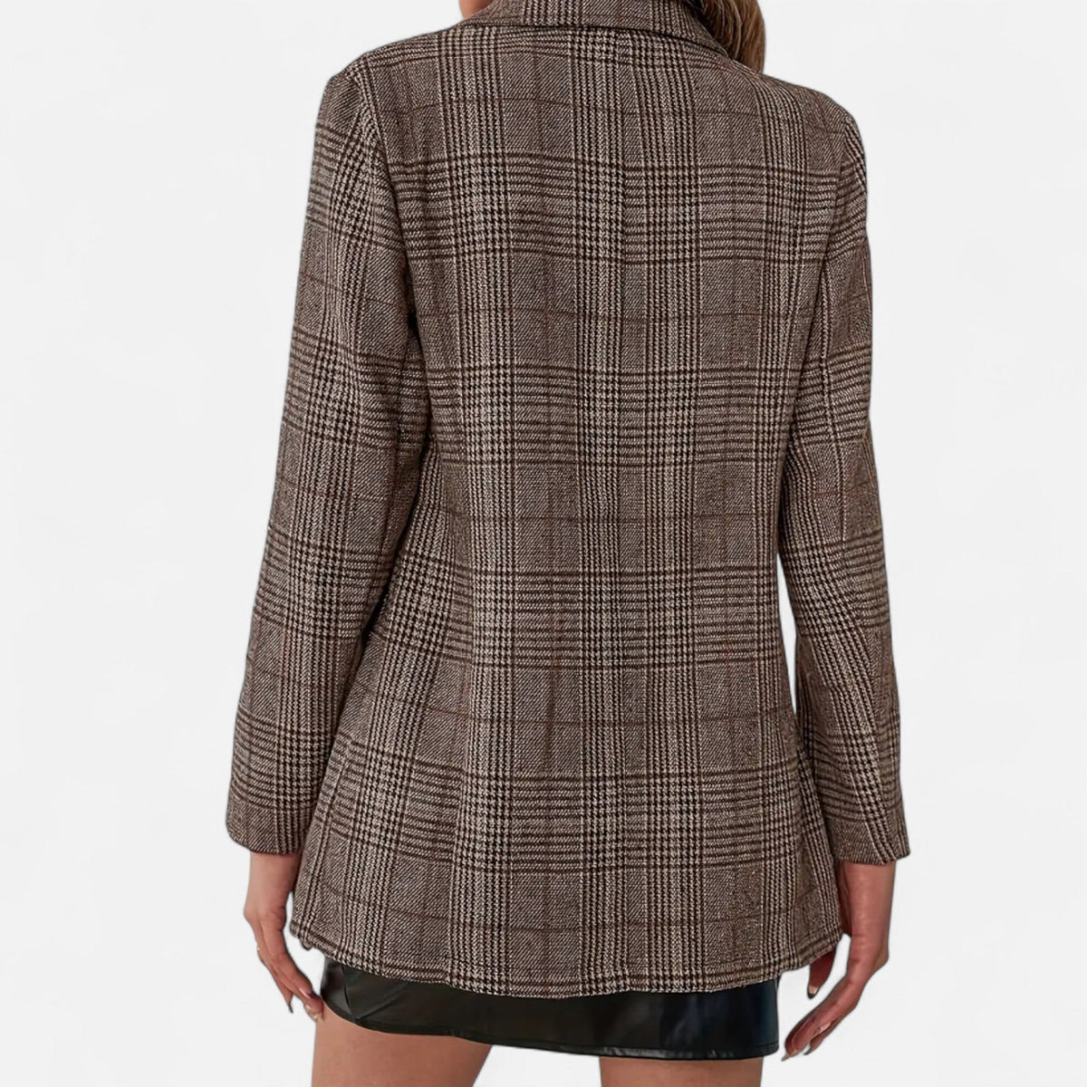 Women's Brown Checked Blazer – Structured Button-Up Tailored Jacket