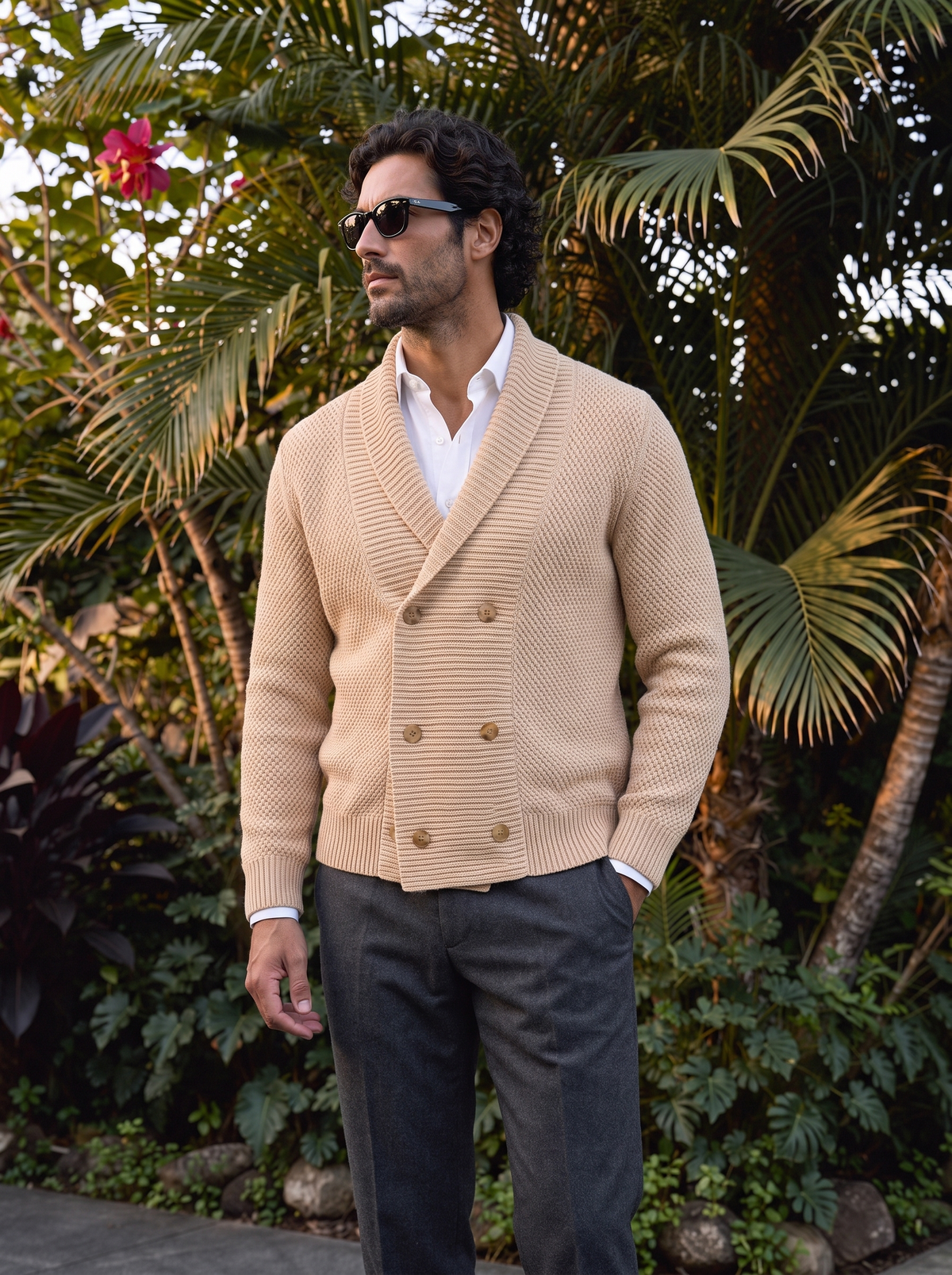 Men's Knit Cardigan – Button-Up Fine Knit, Beige & Black