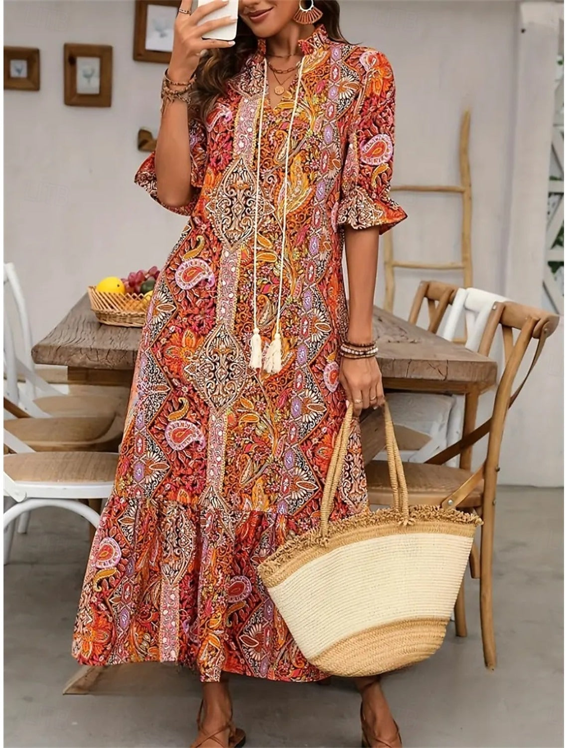 Women's Boho Paisley Dress – V-Neck Pom Pom Tie Summer Dress, 3 Colours