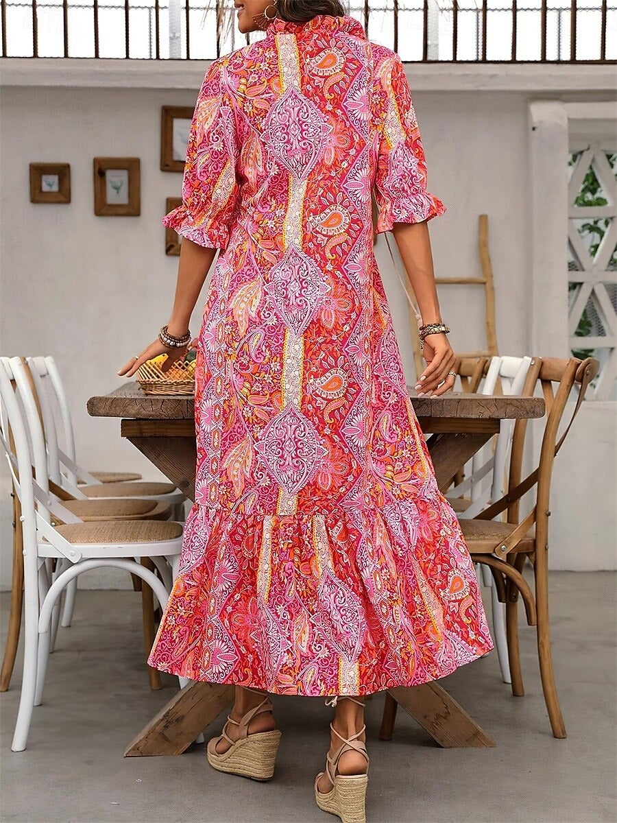 Women's Boho Paisley Dress – V-Neck Pom Pom Tie Summer Dress, 3 Colours