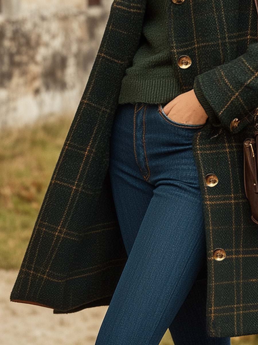 Women'S Plaid Wool Winter Coat – Long Button-Up Outerwear - Luxury Outerwear