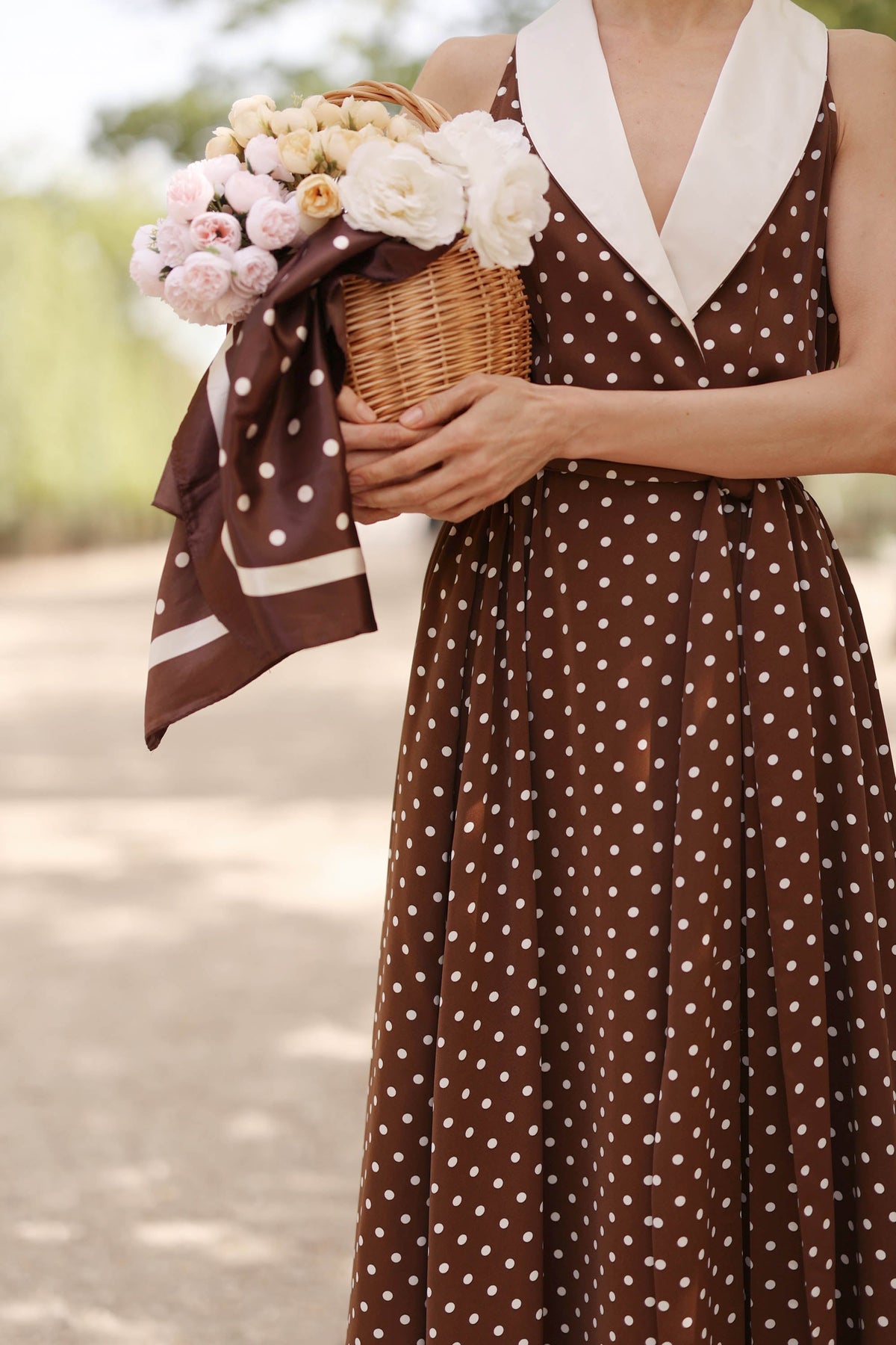 Women's Brown Polka Dot Wrap Dress – Tuxedo Style, Zipperless