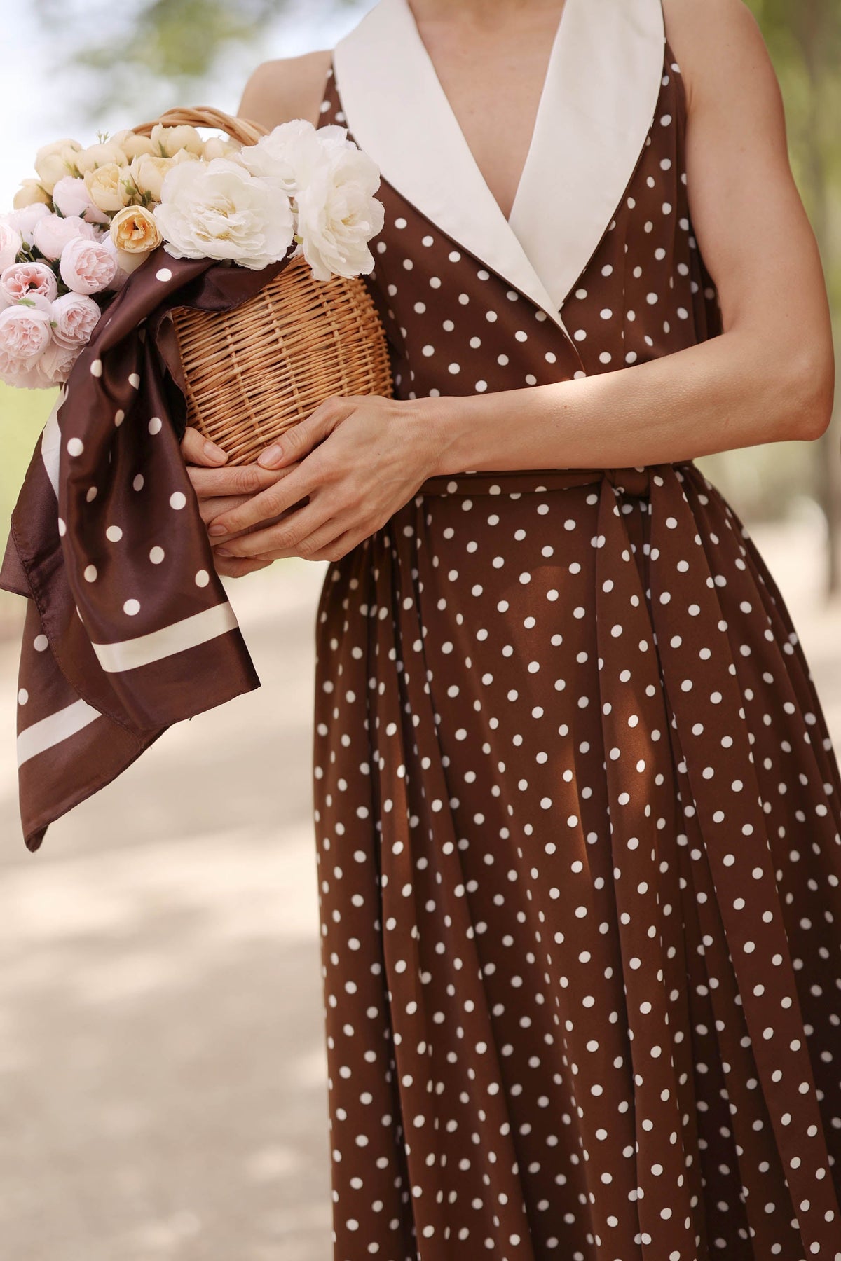 Women's Brown Polka Dot Wrap Dress – Tuxedo Style, Zipperless