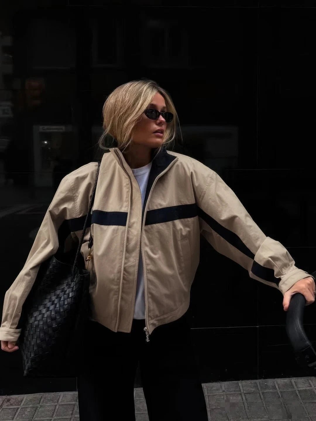 Women's Vintage Bomber Jacket – Zip-Up Ribbed Collar Jacket
