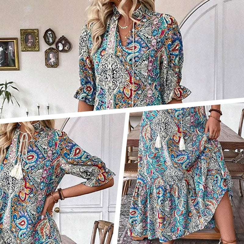 Women's Boho Paisley Dress – V-Neck Pom Pom Tie Summer Dress, 3 Colours